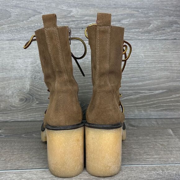 Free People Dylan Lace Up Taupe Brown Leather Tall Chunky Y2K 9-Eye Heeled Boots - Picture 4 of 13